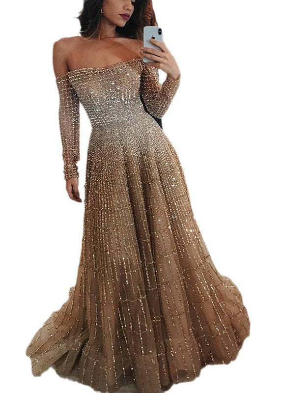 New Cold Shoulder Slash Neck Long Sleeve Dress