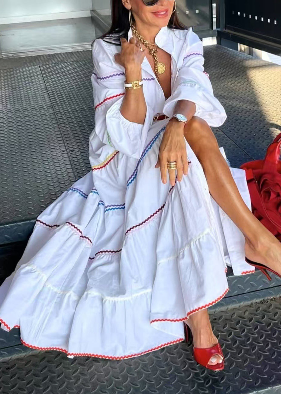 French White V Neck Striped Patchwork Cotton Long Dress Summer