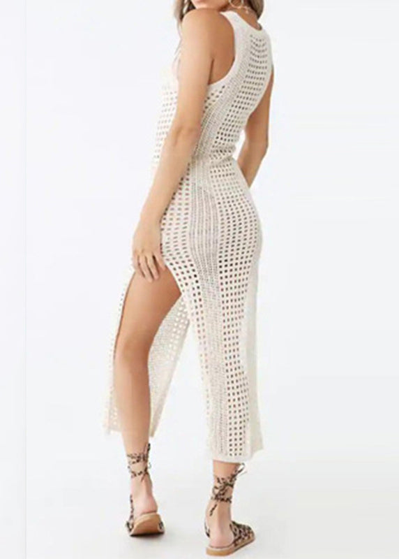 New Apricot O Neck Hollow Out Side Open Knit Dress Sleeveless