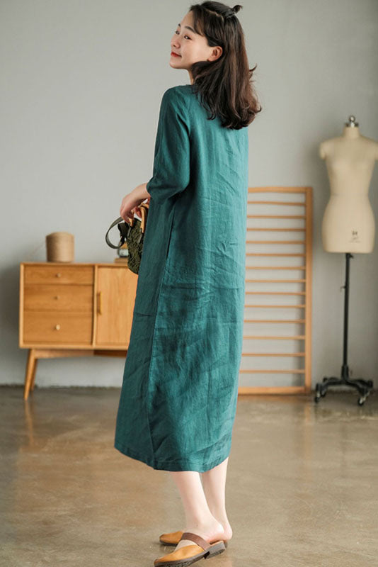 -summer V-neck Linen Dress Half Sleeve Dress