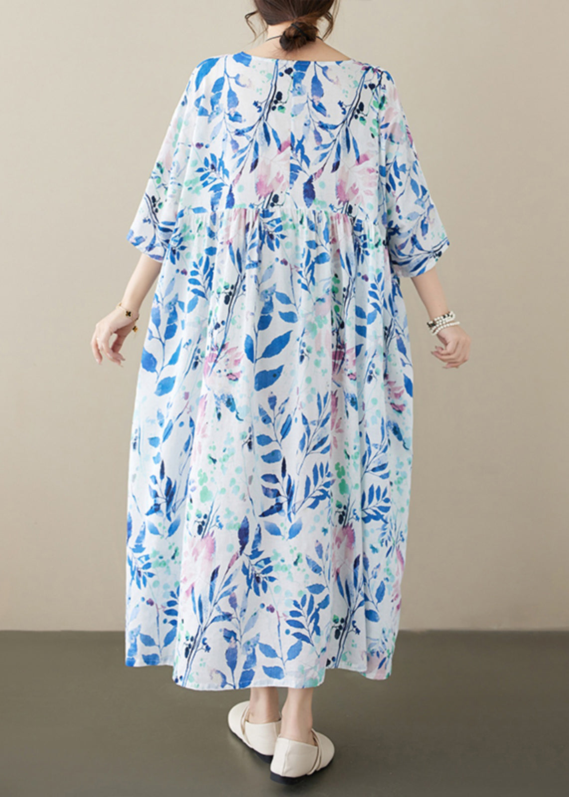 Blue O Neck Print Cotton Dress Summer