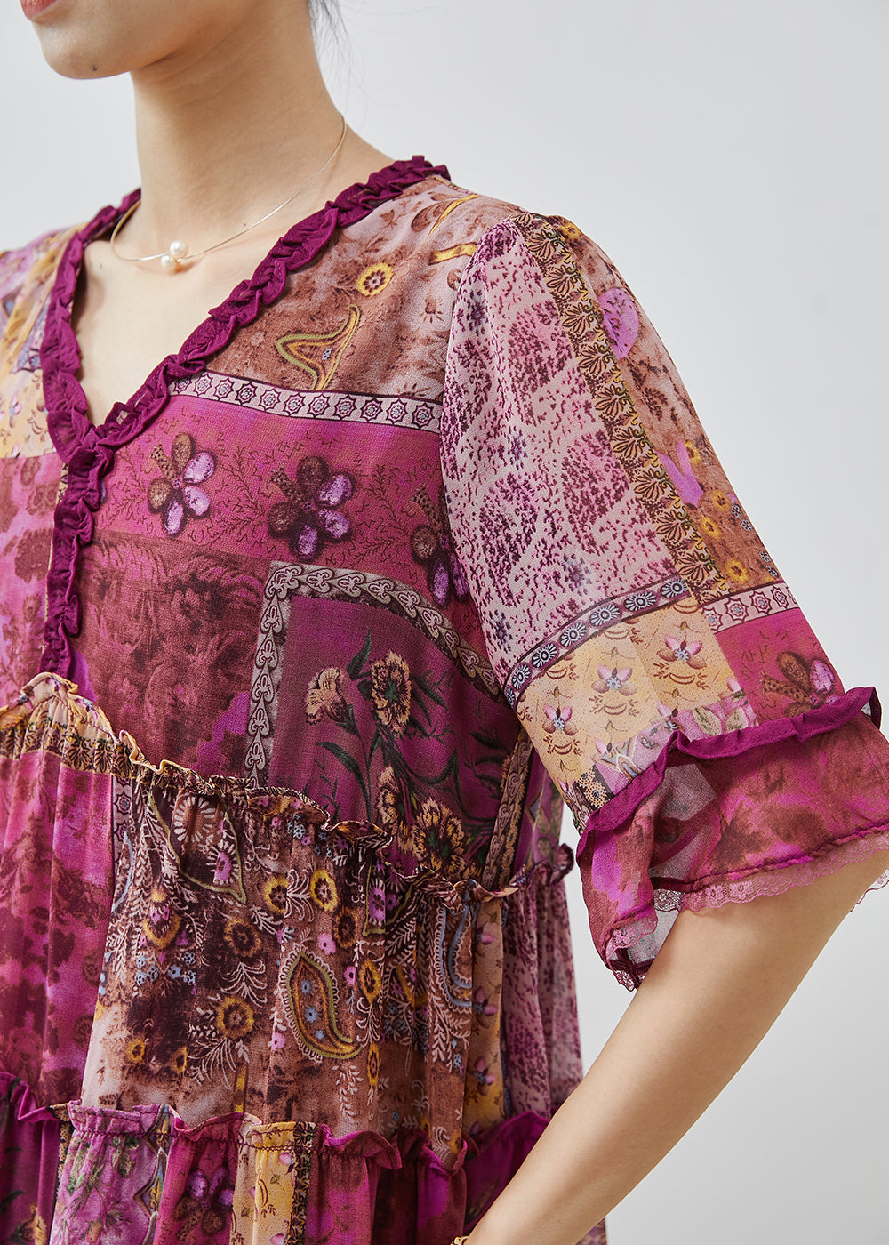 Purple Ruffled Print Chiffon Dresses Summer