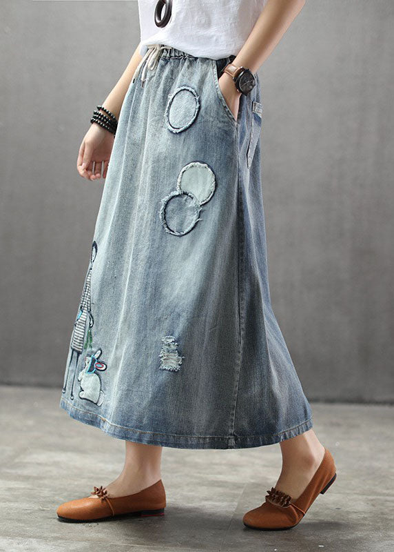 Light Blue Elastic Waist Patchwork Cartoon Embroidered Tulle Denim Skirts Spring