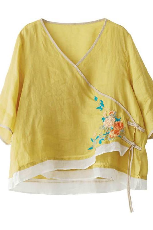 Lace-up Ramie Embroidered T-shirt