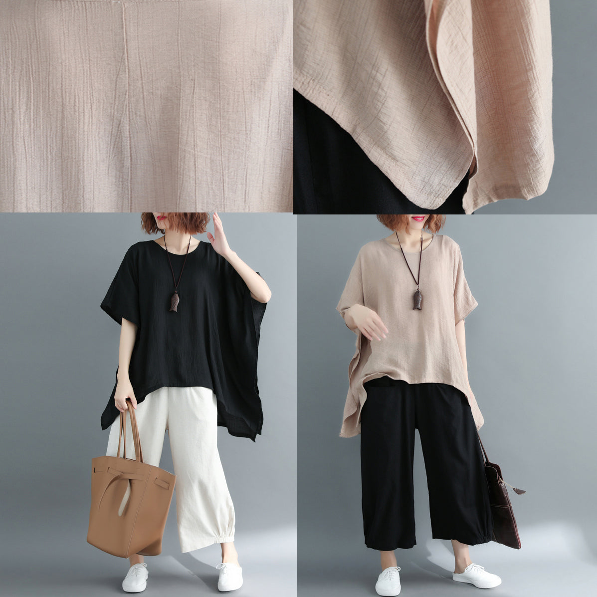 New Khaki Midi-length Cotton Linen T Shirt Loose Fitting Cardigans Short Sleeve O Neck Linen Blouses