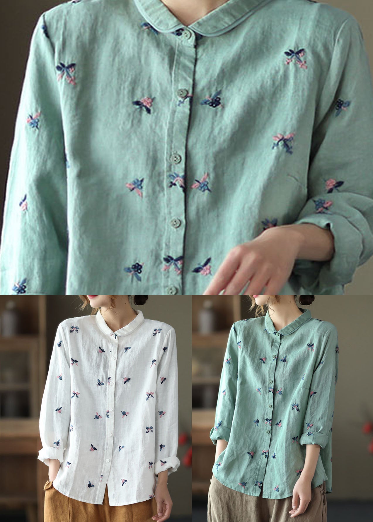 White Peter Pan Collar Embroidered Patchwork Linen Top Spring