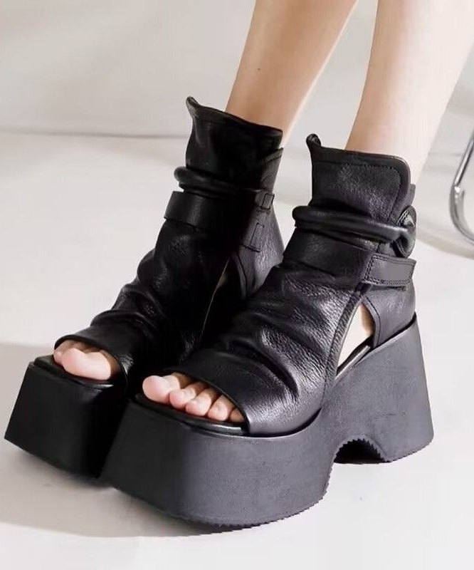 Black Cowhide Leather Splicing Platform Sandals Boots Peep Toe