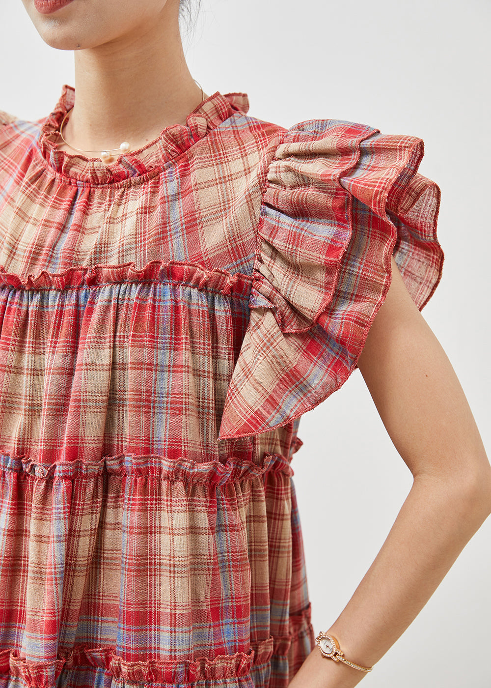 Red Ruffled Plaid Cotton Dresses Butterfly Sleeve