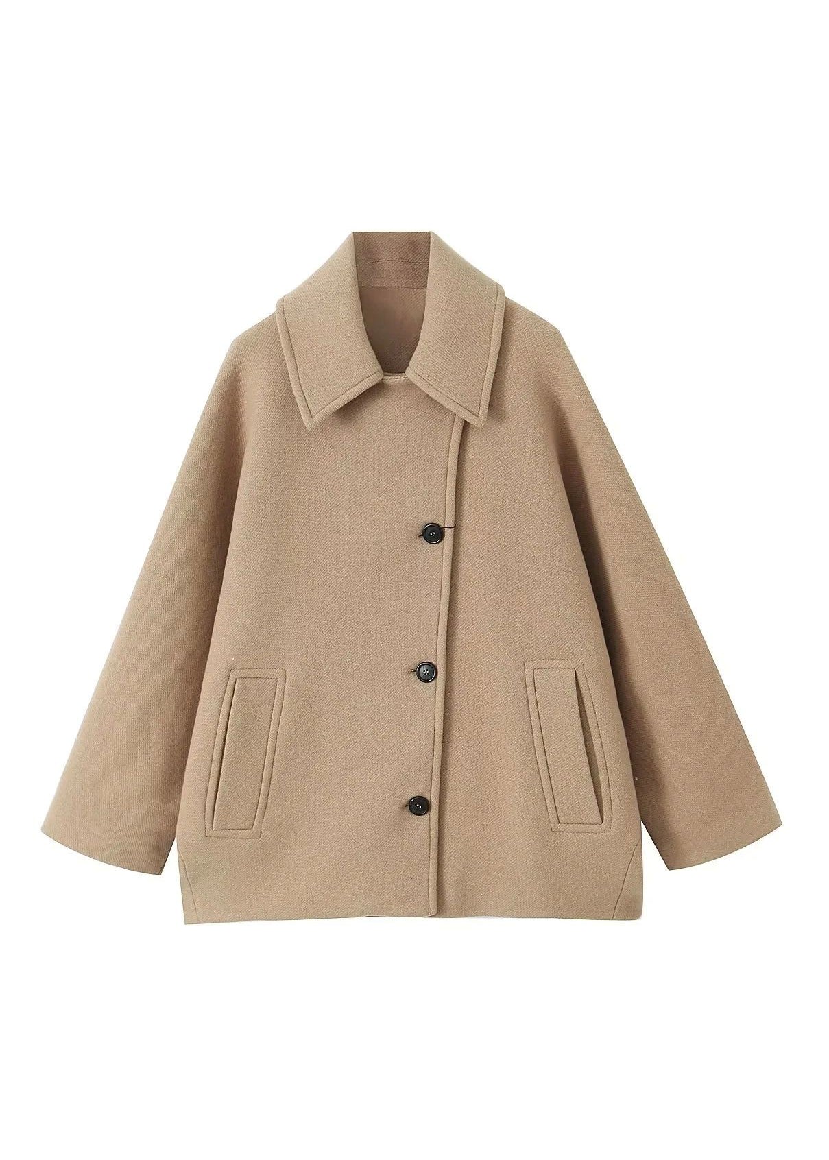 New Khaki Peter Pan Collar Pockets Patchwork Woolen Jacket Fall