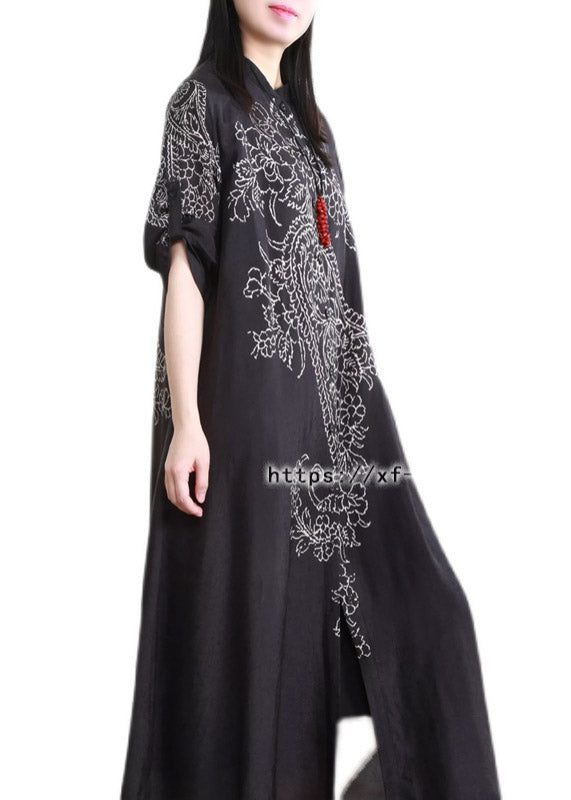 Black Stand Collar Button Print Pockets Linen Cardigans Half Sleeve