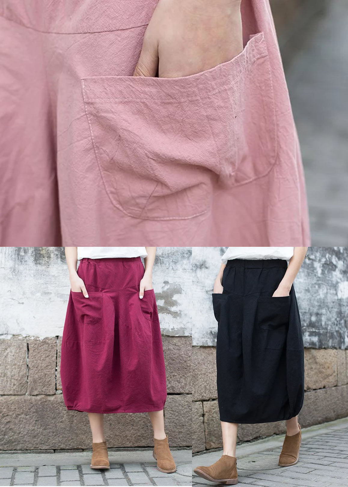 Modern Black Elastic Waist Patchwork Linen a Line Skirt Fall