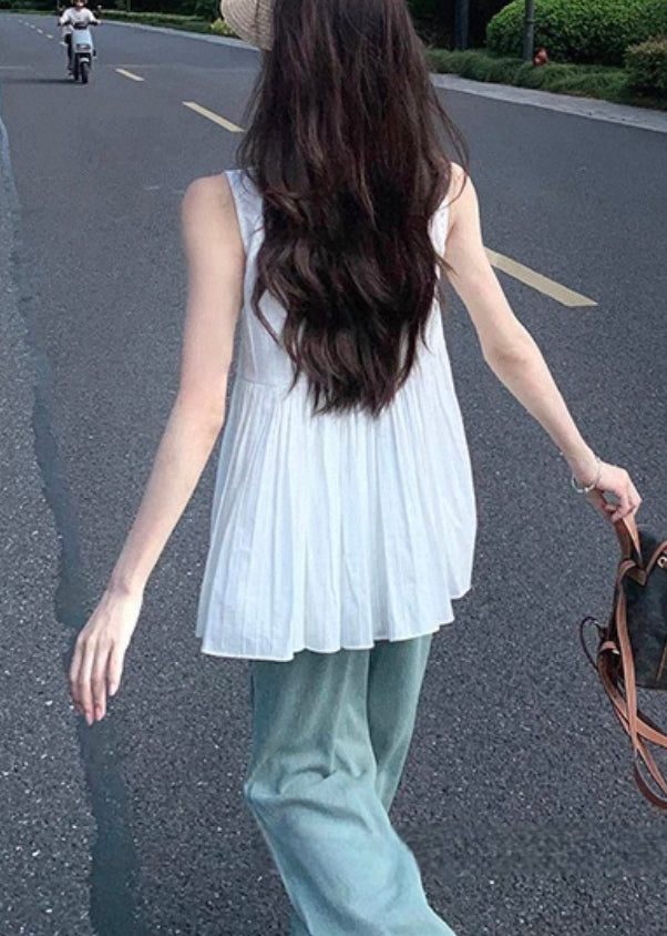 White Square Collar Wrinkled Cotton Shirt Sleeveless