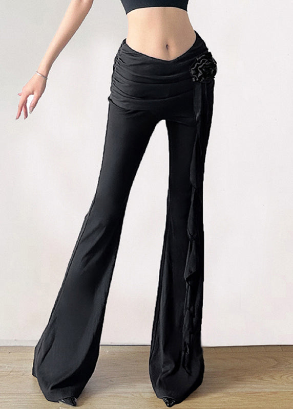 Retro Black Ruffled Patchwork High Waist Flared Pants Fall
