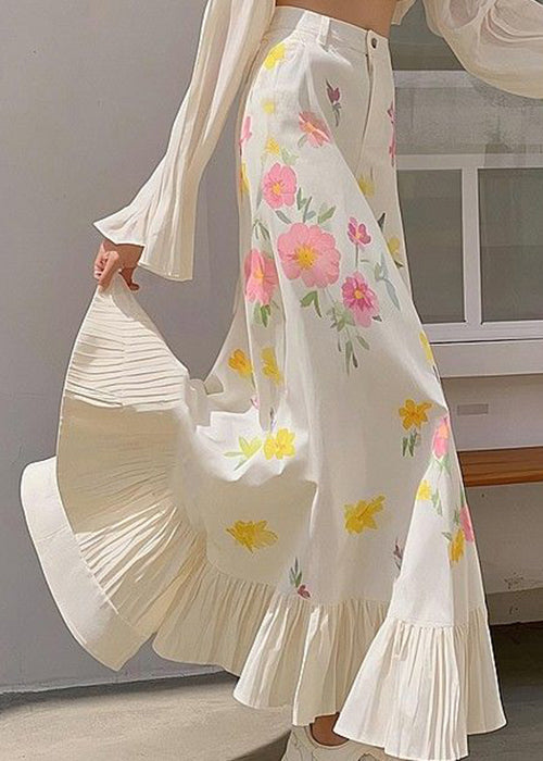 New Pink Print Wrinkled High Waist Cotton Skirts Spring