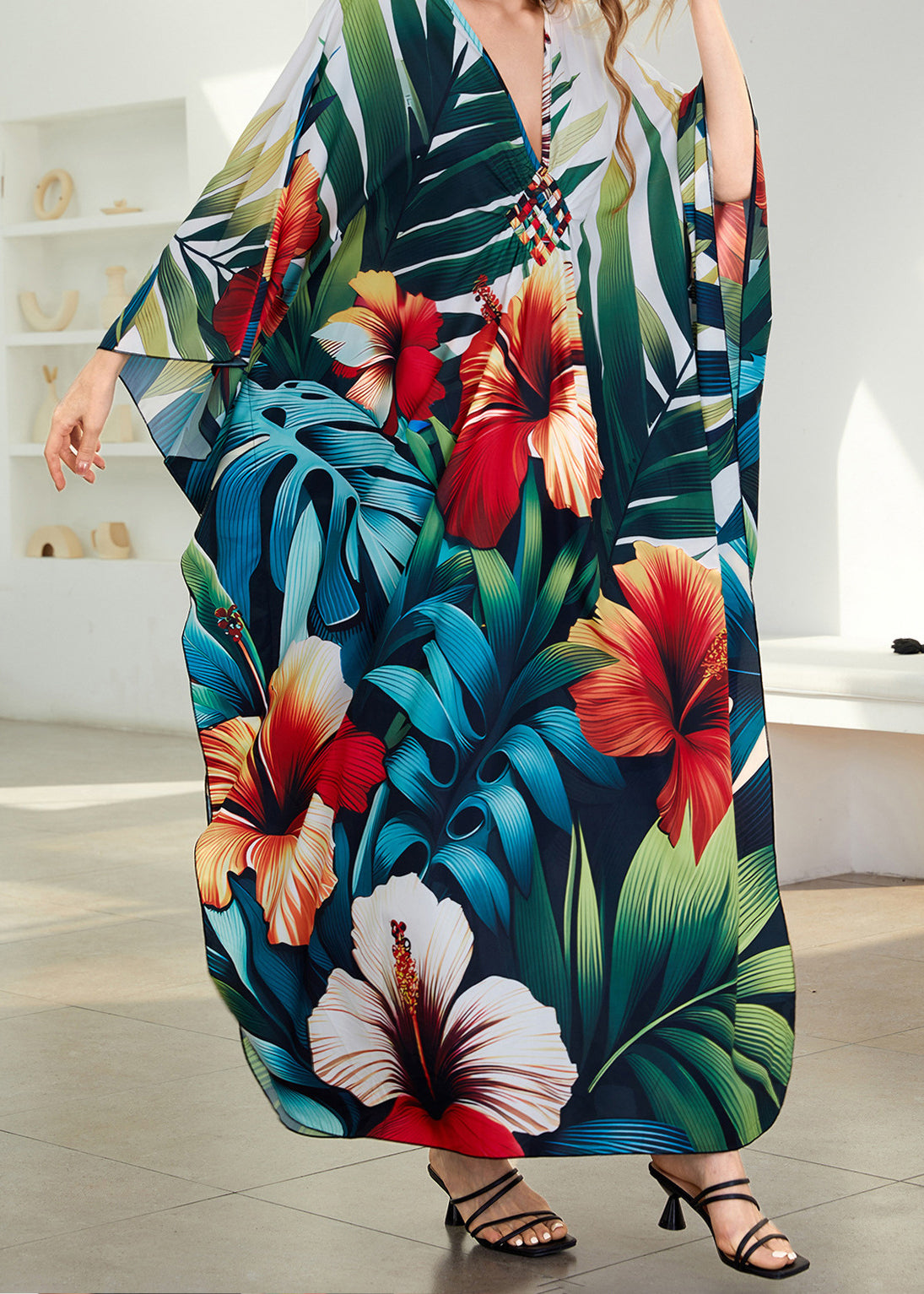 V Neck Print Side Open Cotton Dress Summer