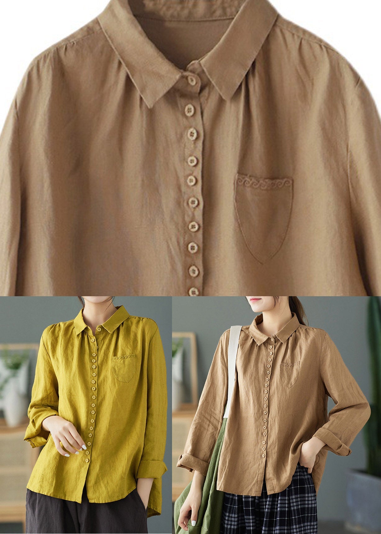 Yellow Peter Pan Collar Embroidered Linen Shirt Long Sleeve