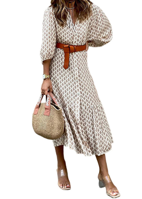 Stylish Khaki V Neck Print Button Cotton Dress Summer