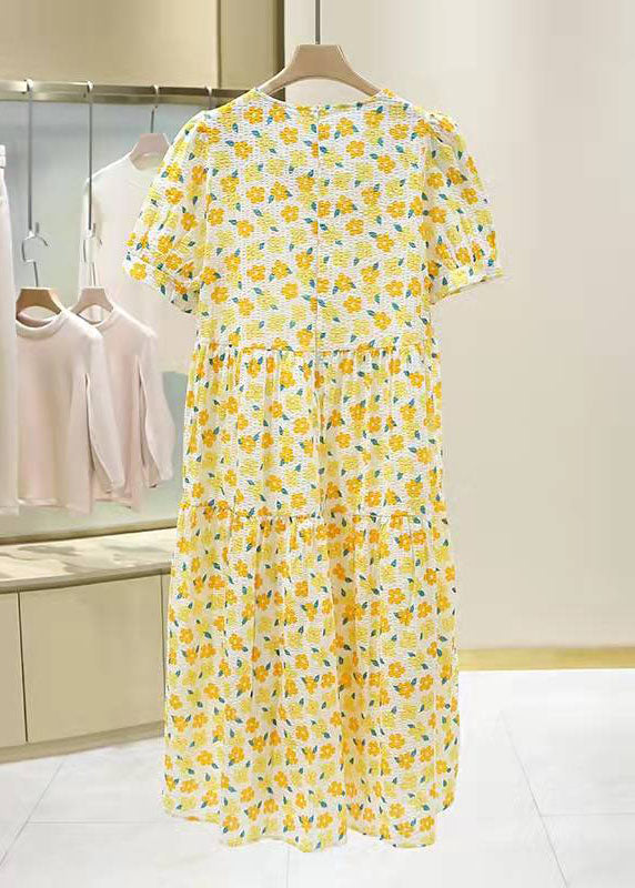 Yellow Cotton Linen Clothes Prints Kaftan Summer V Neck Dresses