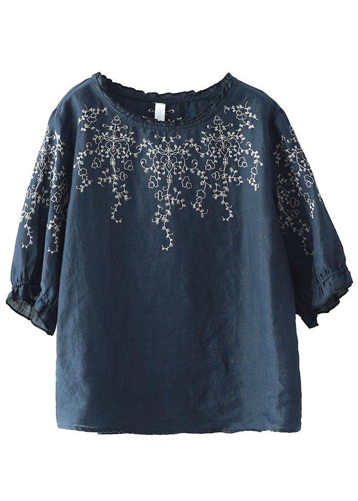 Handmade Navy Lantern Sleeve O-neck Embroidered Summer Ramie Blouses