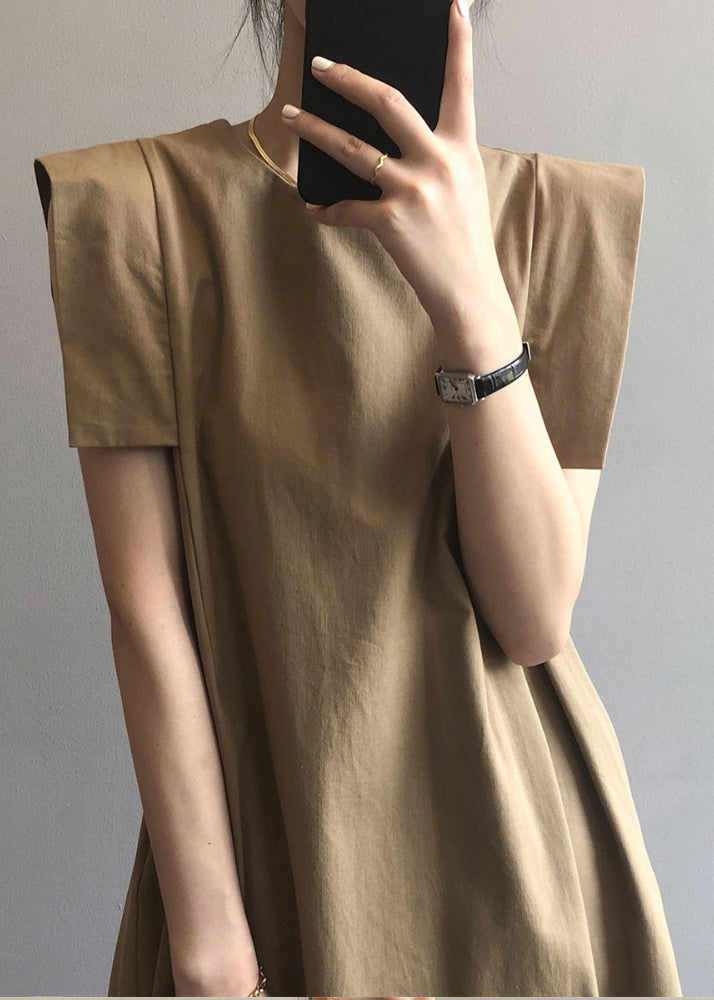 Khaki O-neck Cotton Day Dress Sleeveless