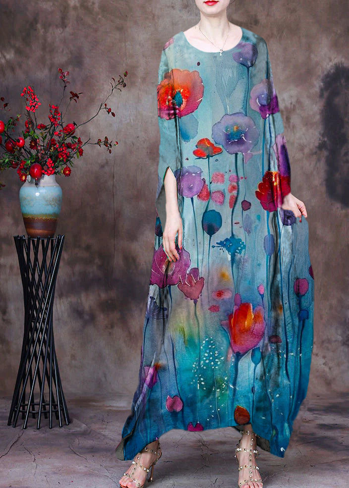 Loose Green O-neck Asymmetrical Design Print Silk Beach Dress Gown Batwing Sleeve