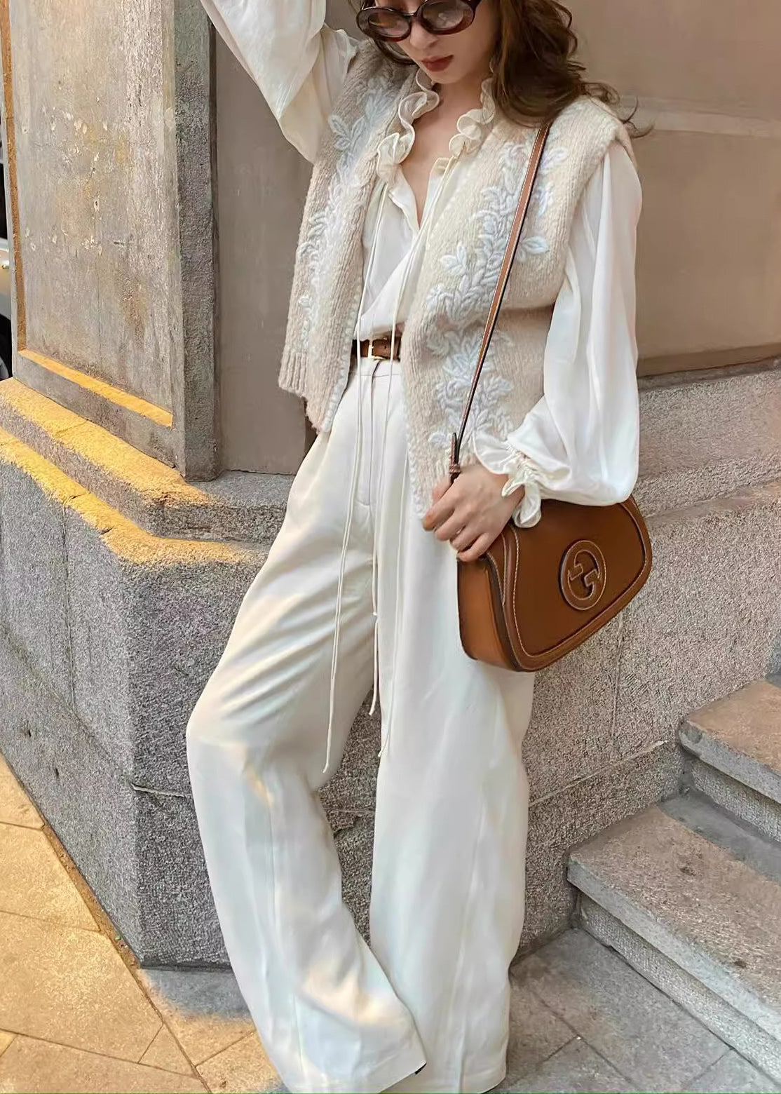 Art Beige Embroidered Ruffled Knit Two Piece Set Clothing Spring