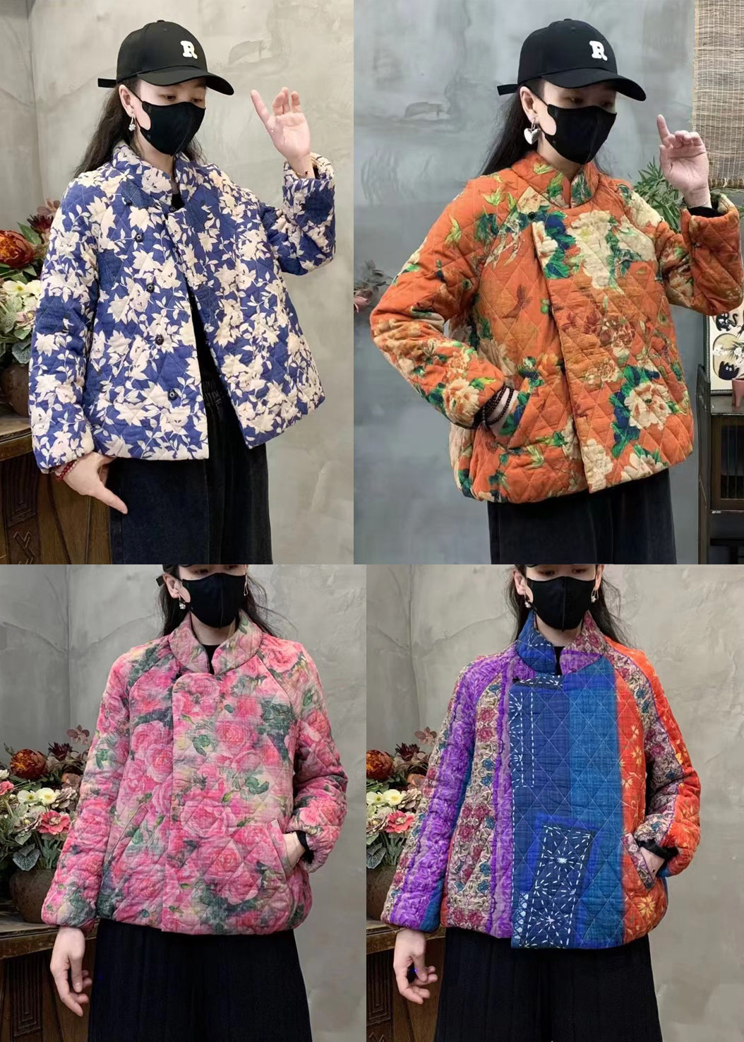 Pink Print Fine Cotton Filled Coat Mandarin Collar Winter