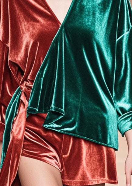 Colorblock Asymmetrical Patchwork Silk Velour Tops Fall