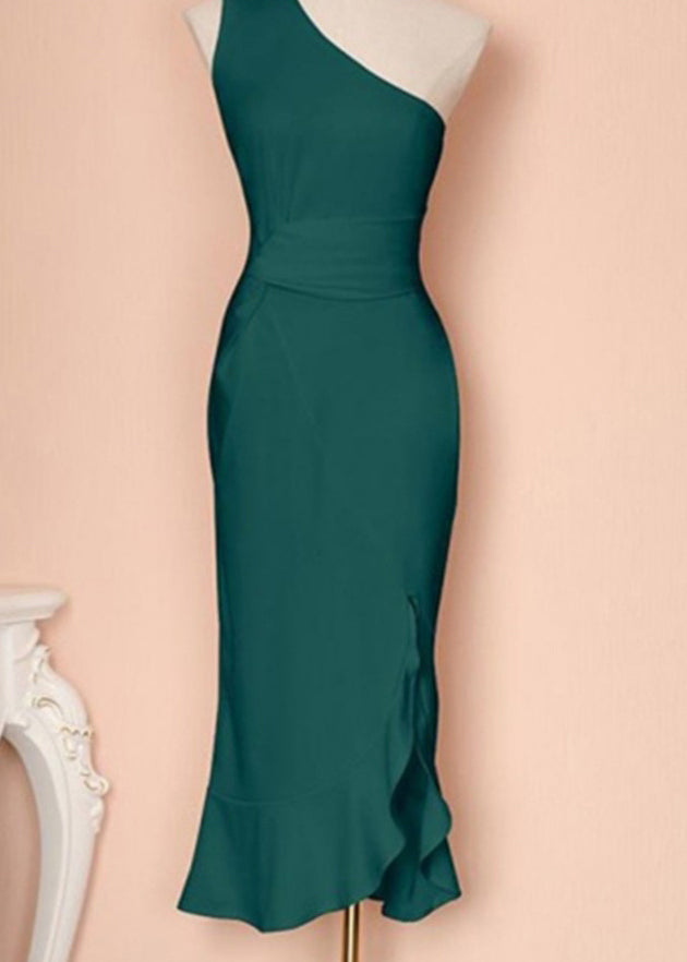 Boutique Green One Shoulder Ruffled Cotton Dresses Summer