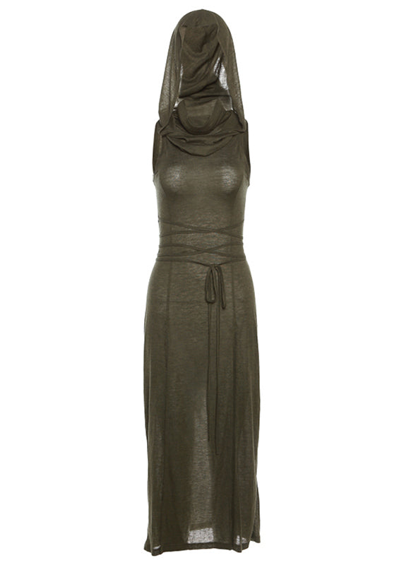 Original Design Army Green Side Open Hooded Dress Sleeveless