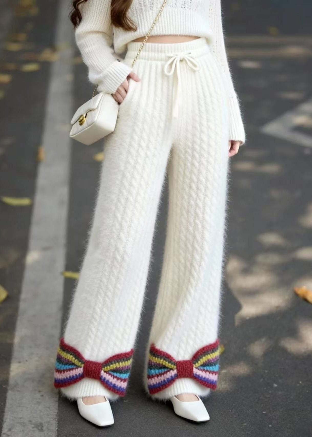 French White Pockets Bow Elastic Waist Knit Pants Fall