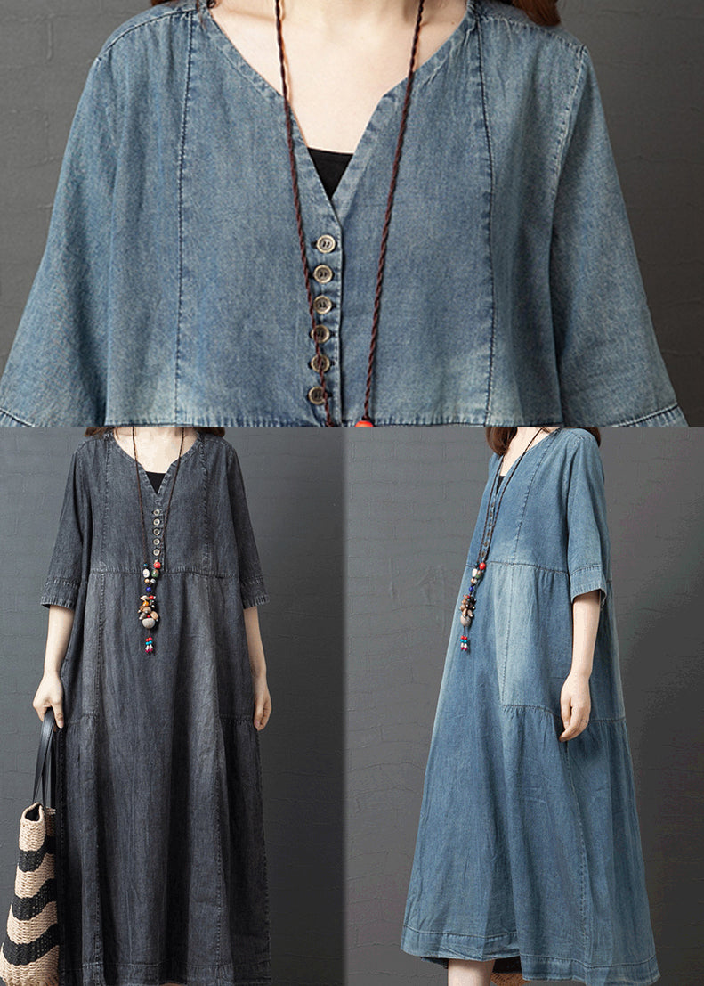 Black V Neck Cotton Denim Holiday Dress Half Sleeve