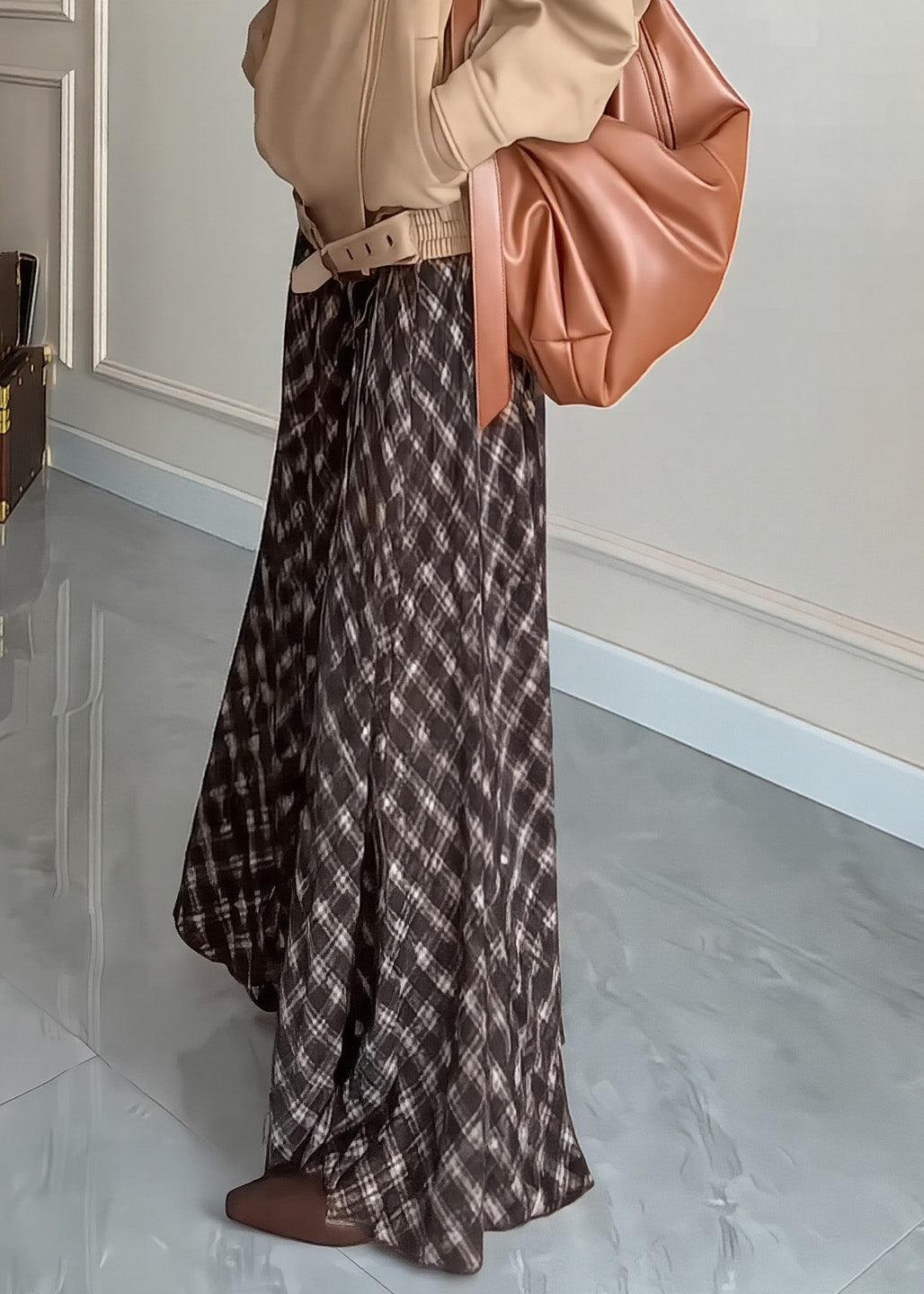 Brown Plaid Exra Large Hem Cotton Skirts Winter