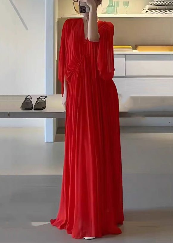 Red V Neck Wrinkled Chiffon Maxi Dress Half Sleeve