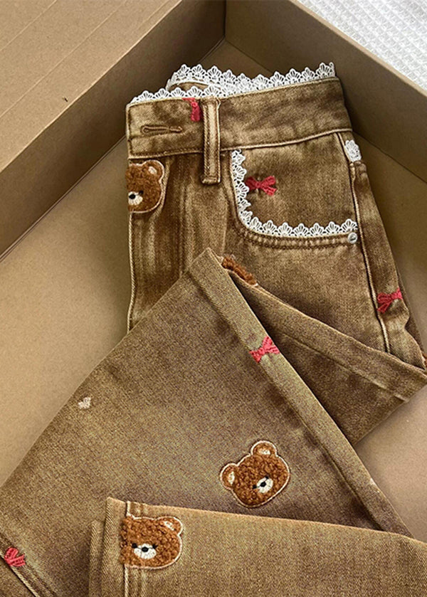 Coffee Embroidered Lace Patchwork Denim Straight Pants Spring
