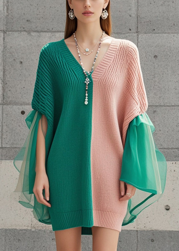 Colorblock Asymmetrical Patchwork Tulle Knit Dress Fall