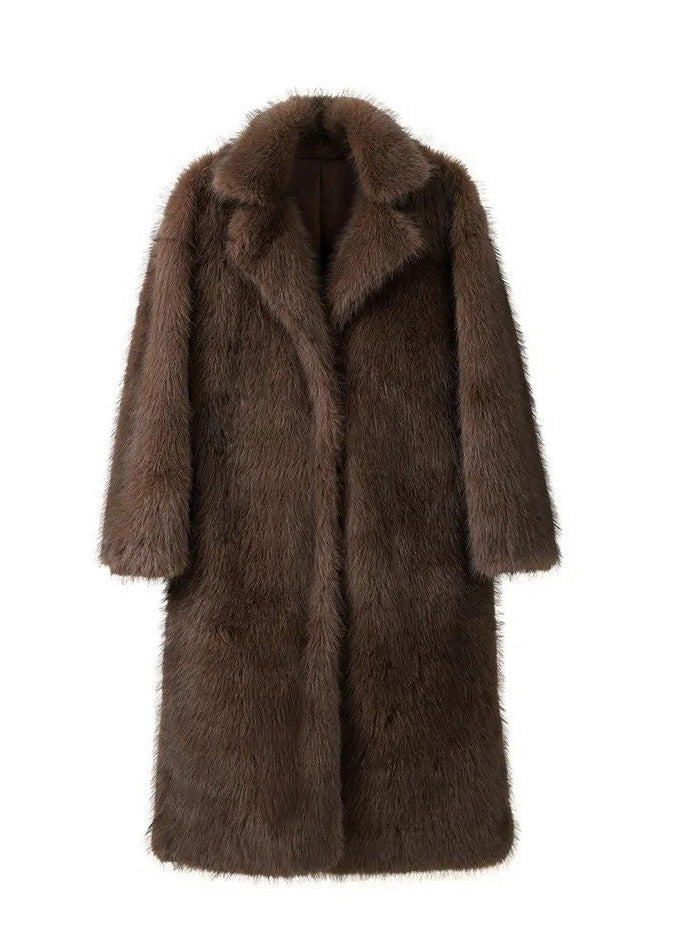 Brown Peter Pan Collar Pockets Faux Fur Coats Winter