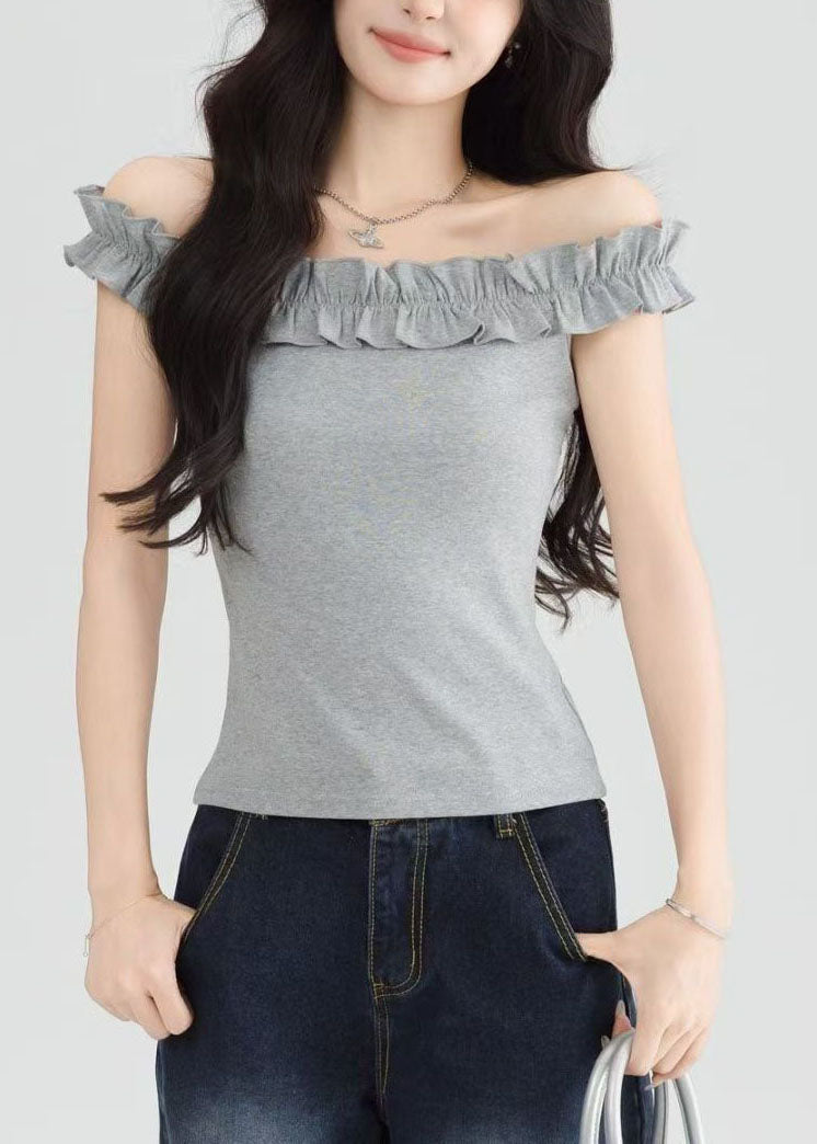 Style Grey Slash Neck Ruffled Short Sleeve Yoga Tops