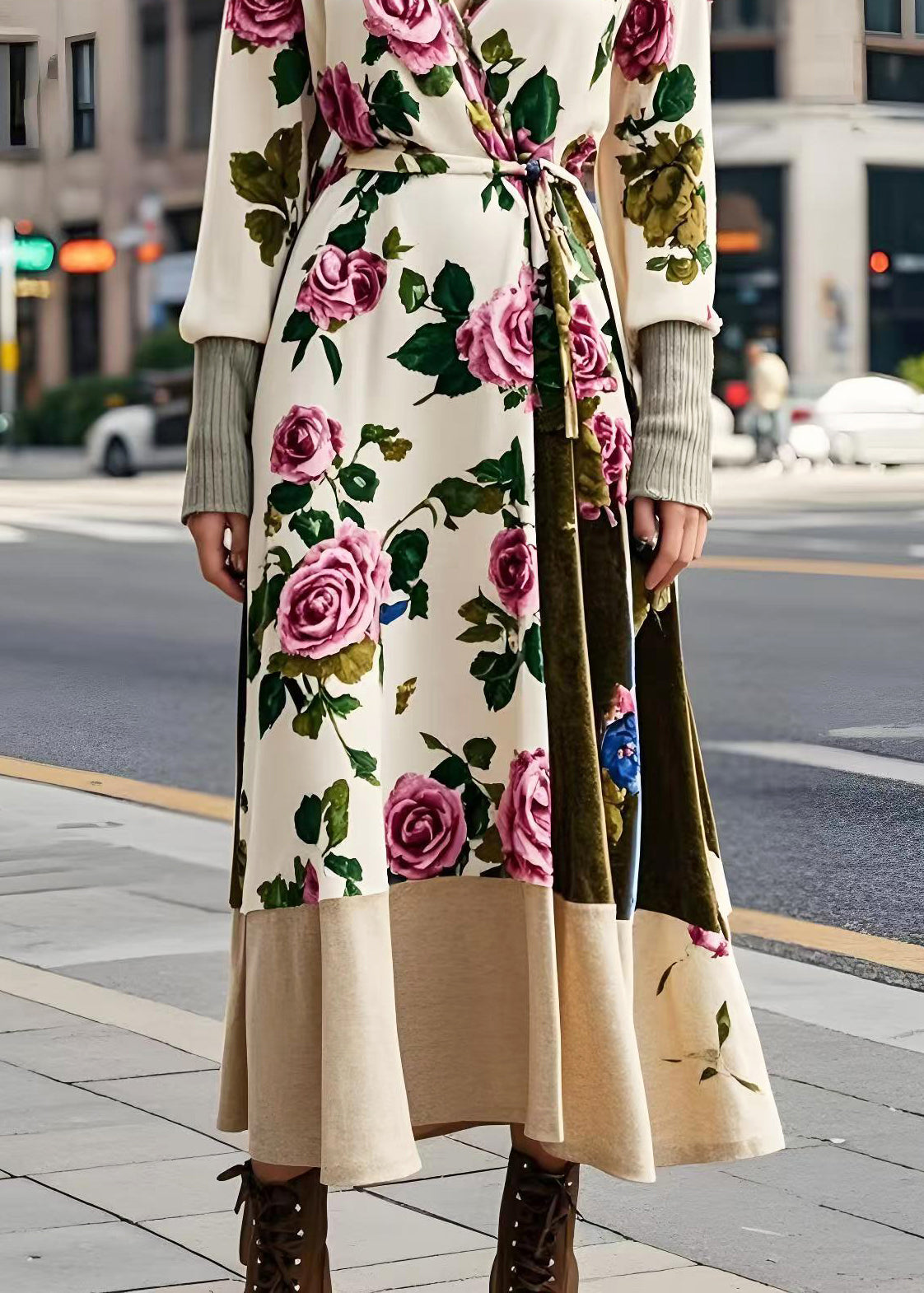 Apricot Tie Waist Silk Velvet Long Dresses Spring
