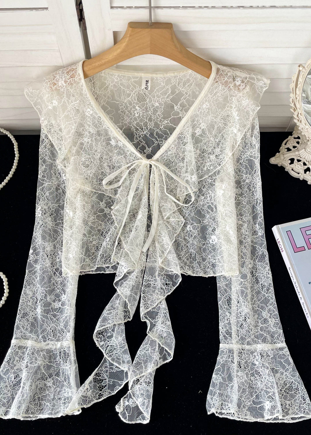 Pink Ruffled Lace Up Lace Tops Flare Sleeve