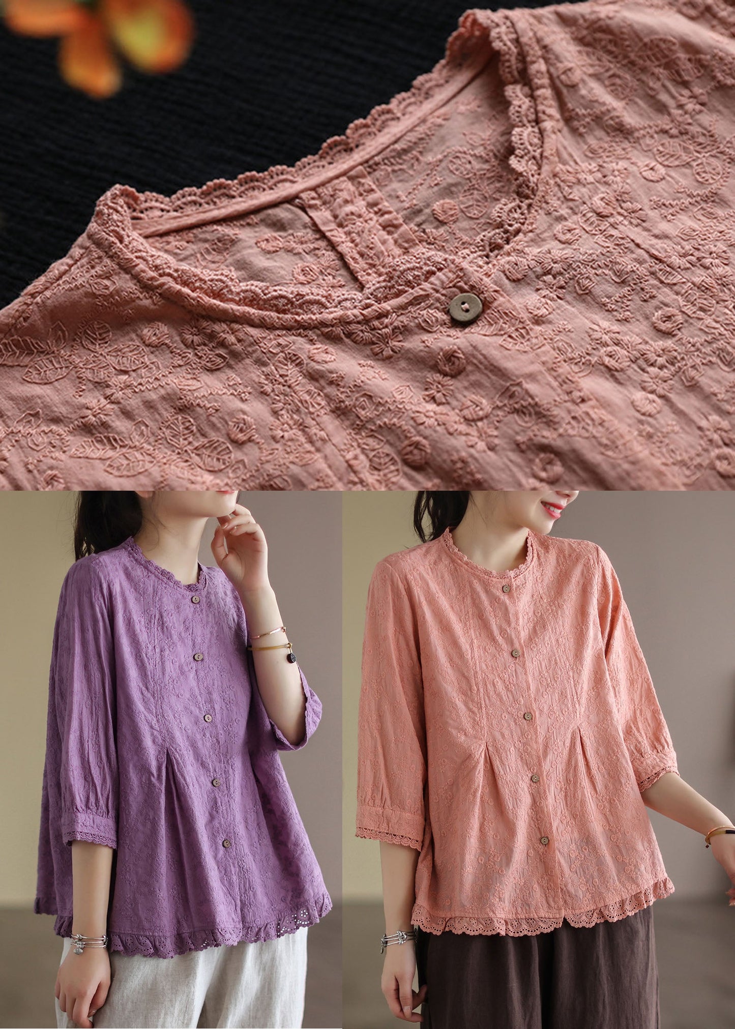 Purple Wrinkled Embroidered Linen Shirts Bracelet Sleeve