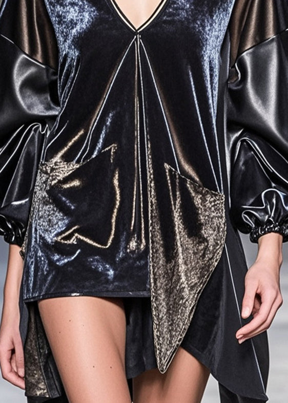 Original Design Black Asymmetrical Pu Patchwork Silk Velour Top Fall