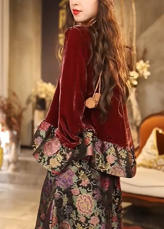Original Design Red Print Top and Pants Two Pieces Set Fall