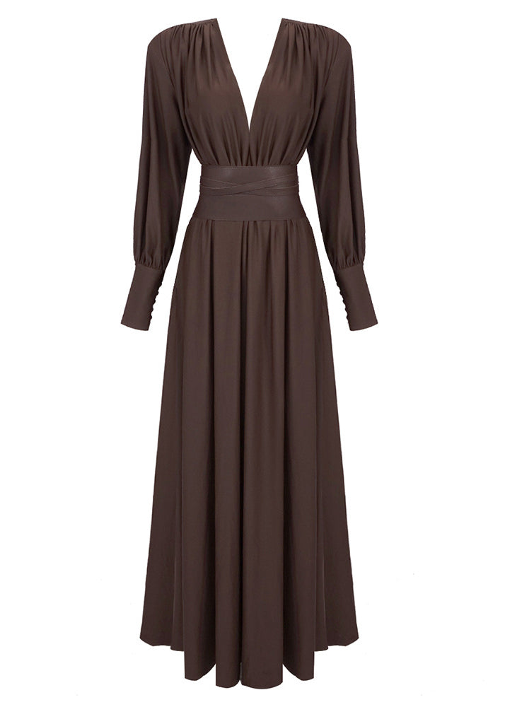 Coffee V Neck Patchwork Slim Fit Cotton Dresses Fall