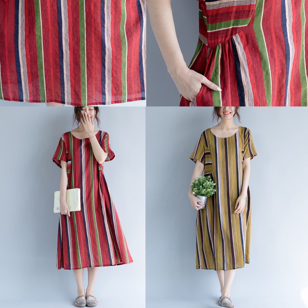 Yellow Long Cotton Linen Dress O Neck Traveling Clothing Fine Striped Short Sleeve Cotton Linen Caftans