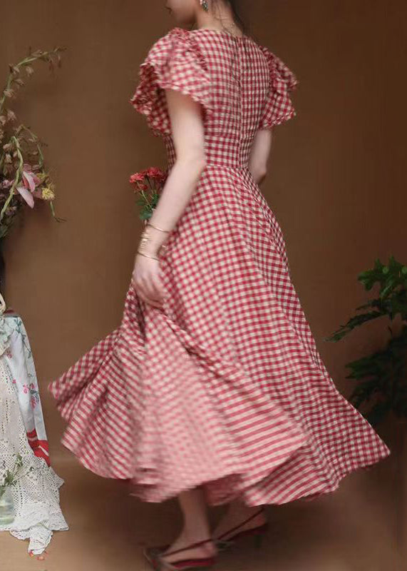 Classy Plaid V Neck Ruffled Pockets Cotton Dresses Summer