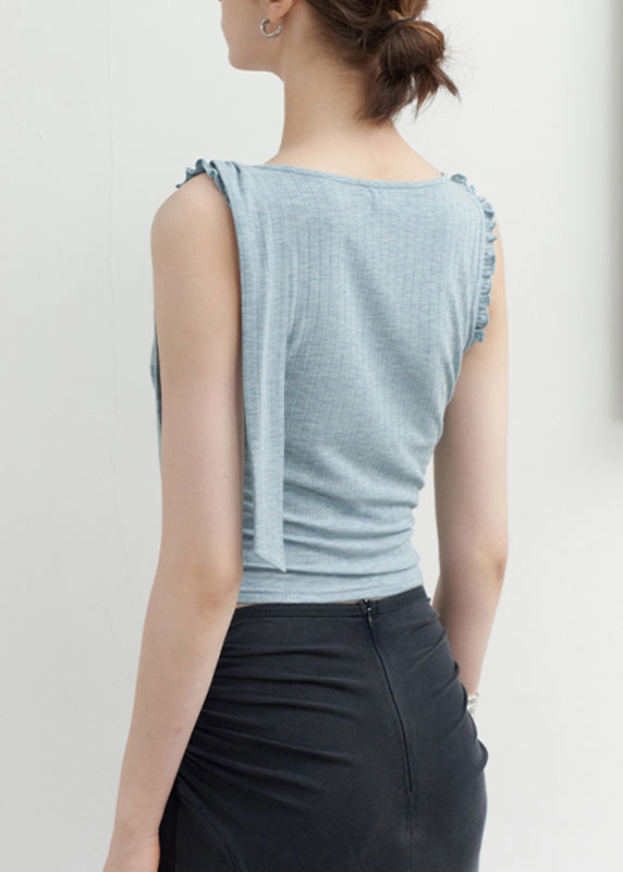 Art Blue O-neck Ruffled Patchwork Beach Top Sleeveless