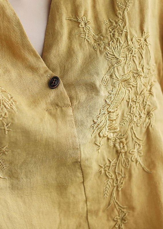 Chocolate V Neck Embroidered Wrinkled Linen Blouse Top Lantern Sleeve
