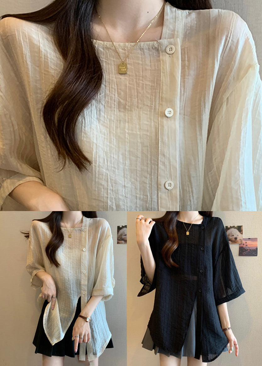 Apricot Square Collar Button Chiffon Shirt Bracelet Sleeve