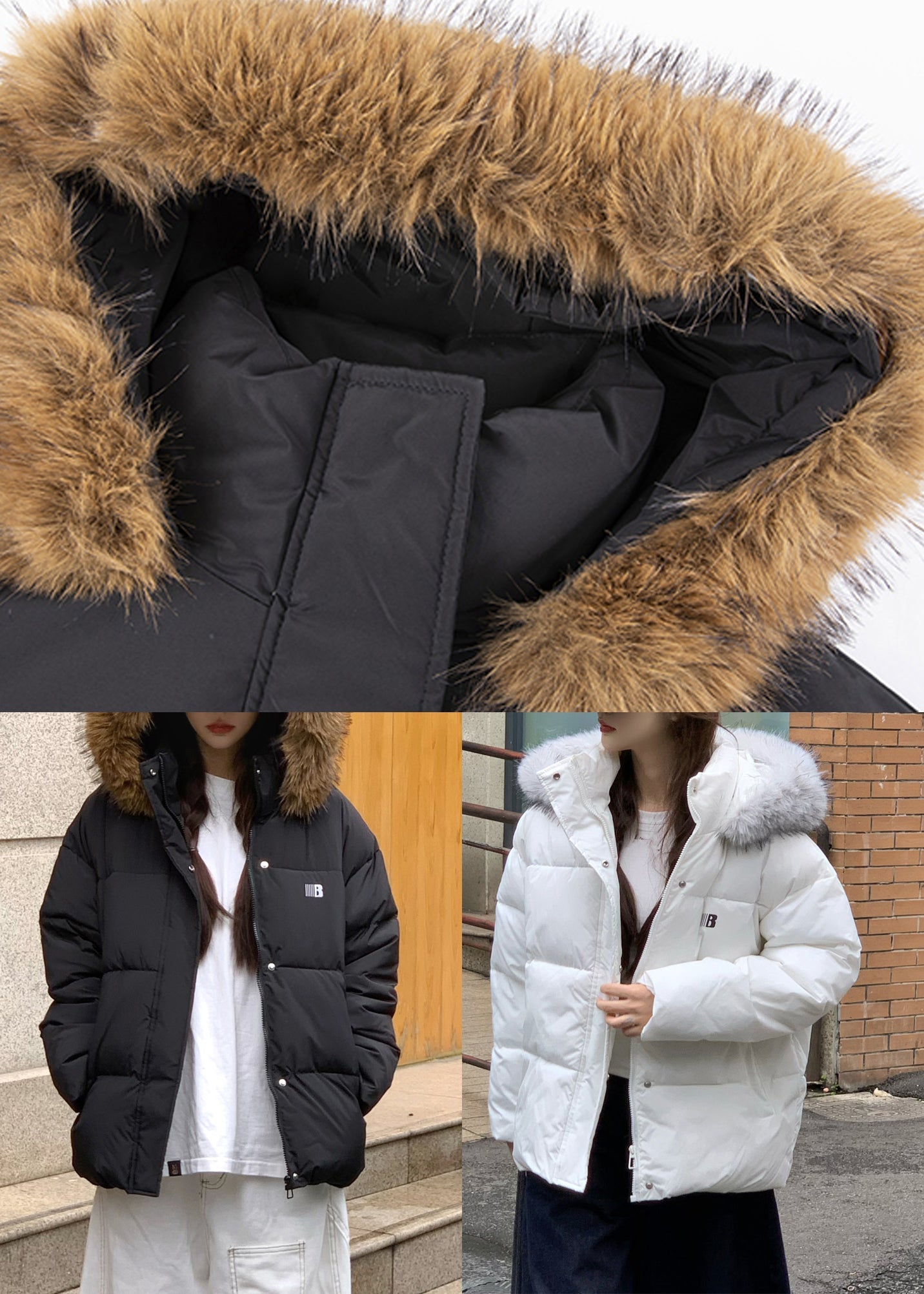 Black Zippered Pockets Patchwork Hooded Parkaer Winter